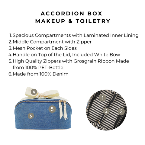 Bag-all Accordion Box Makeup & Toiletry in denim with spacious compartments, zipper, mesh pockets, and durable grosgrain ribbon details
