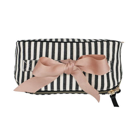 Bag-all Accordion Box striped makeup and toiletry organizer with pink bow and gold zipper for stylish storage