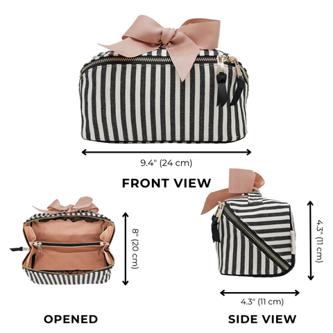 Bag-all Accordion Box makeup and toiletry with striped design, pink bow, gold zipper, and durable recycled ribbon lining.