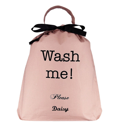 Bag-all Ultimate Gift Set - Pink cotton laundry bag with black bow and 'Wash me!' text, featuring personalized 'Please Daisy' message in elegant script font