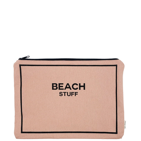Bag-all Pink Beach Stuff Monogram Pouch with black border design, waterproof cotton storage case for bathing suits and beach essentials, zip closure