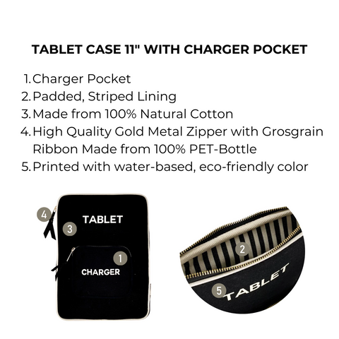 Bag-all black tablet case 11" features charger pocket, eco-friendly cotton construction, striped interior lining, and premium gold zipper. Sleek protective case with organized storage for devices and accessories.
