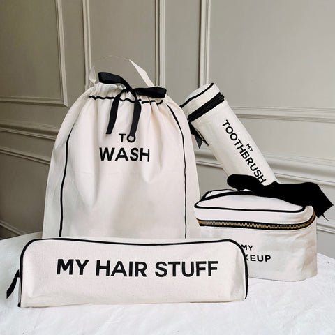 Bag-all Deal Gift Set featuring cream cotton travel organizers - To Wash laundry bag, My Hair Stuff case, toothbrush holder, and makeup box with black trim and waterproof striped lining