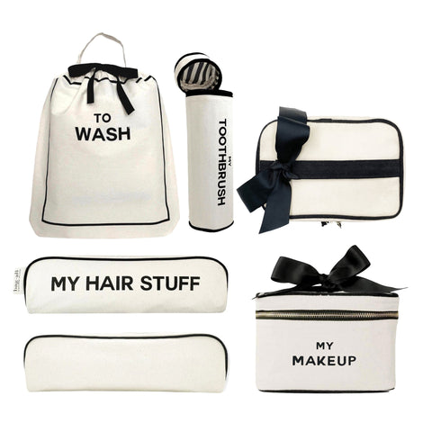 Bag-all Deal Gift Set featuring cream cotton travel cases: To Wash laundry bag, My Hair Stuff case, Toothbrush holder, and My Makeup box with black trim and bows