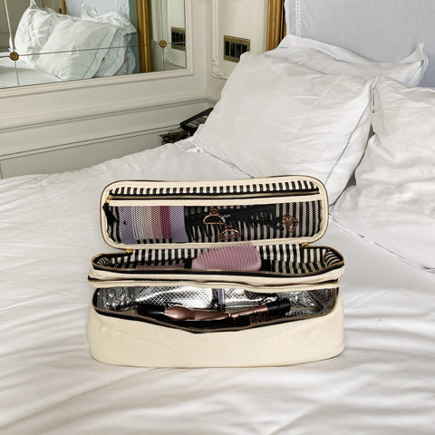 Bag-all Double Hair Tools Travel Case in cream with dual compartments, heat-protective lining, and storage bands for Dyson Airwrap and styling accessories