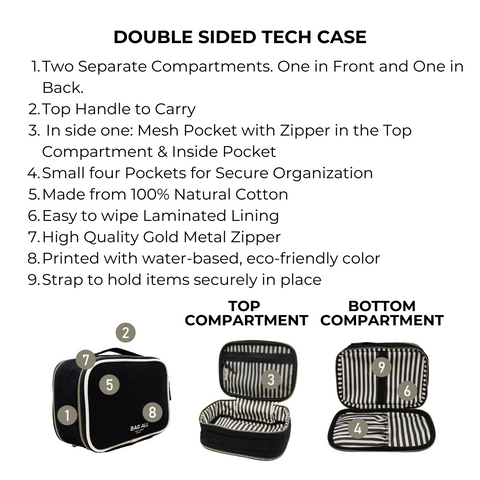 Bag-all Double Sided Tech Case in black with two compartments featuring gold zippers, mesh pocket, elastic bands, and striped interior. Perfect for gadgets, chargers, cables, and headphones