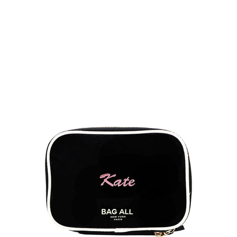 Bag-all Double Sided Tech Case in Black with personalized 'Kate' embroidery - Compact organizing case with dual zippers and interior mesh pocket for gadgets, chargers, cables, and headphones