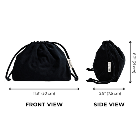 Black velvet drawstring pouch by Bag-all for storing headphones and tech accessories compactly and stylishly.