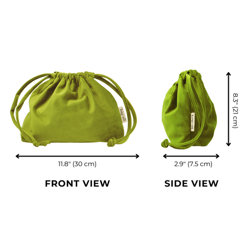 Green velvet drawstring tech pouch by Bag-all with compact design for organizing earbuds and chargers efficiently.