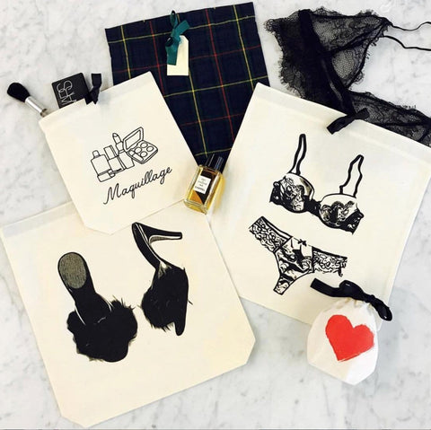 Bag-all Feather Slippers Shoe Bag in cream with illustrated designs featuring makeup, lingerie, and heels on cotton organizer bags, perfect for travel and storage