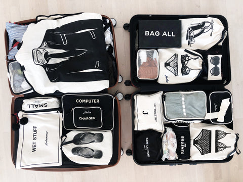 Bag-all Mens Suit Garment Bag in cream with pocket, showing organized travel essentials including shoes, accessories, and clothing in labeled compartments for efficient packing and protection