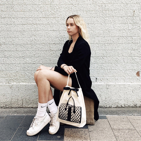 Bag-all Vintage Handbag Travel Bag in Cream - Elegant protective organizer bag shown with black and cream designer pattern, perfect for storing and transporting luxury accessories with style