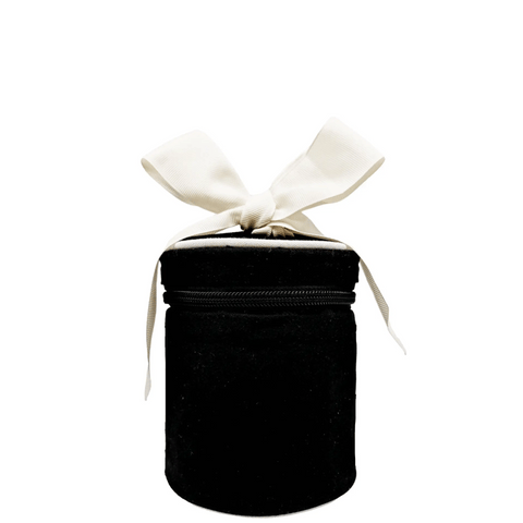 Black round carry on liquids case with white bow, monogrammed, includes refillable travel bottles for TSA compliance