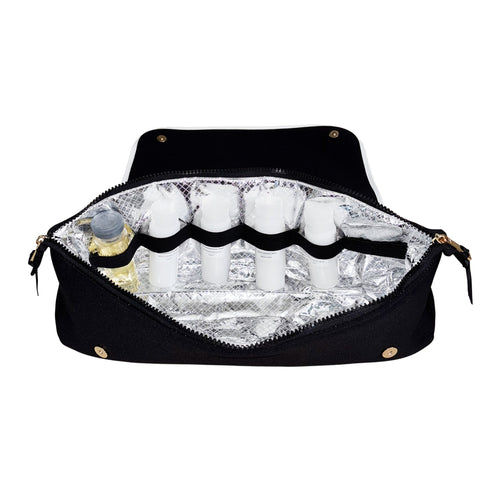 Black travel case with zippered closure holding small toiletry bottles in elastic straps inside insulated lining