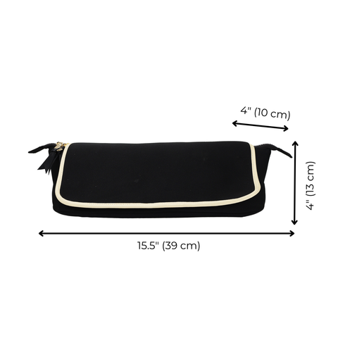 Black hair tools travel case with beige trim, sized 15.5 by 4 by 4 inches, for heat-safe styling tool storage and organization