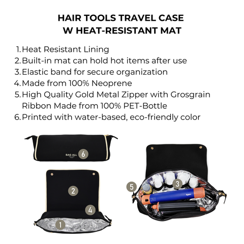 Black hair tools travel case with heat-resistant lining, elastic band, and high-quality gold zipper for secure organization.