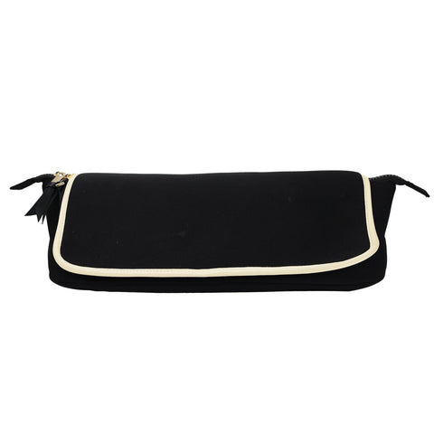Black hair tools travel case with beige trim and zipper, designed for heat-resistant storage and organization