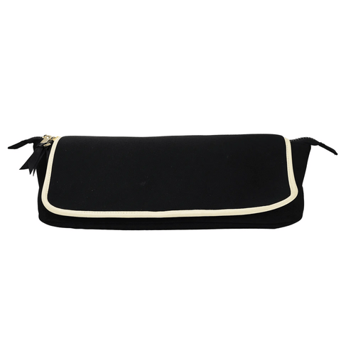 Black hair tools travel case with beige trim and zipper, compact design for styling tools and accessories organization.