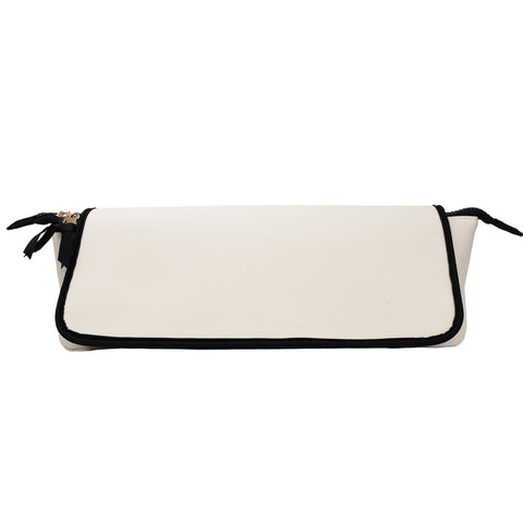 Cream-colored hair tools travel case with black trim and zipper designed for heat-resistant storage and organization.