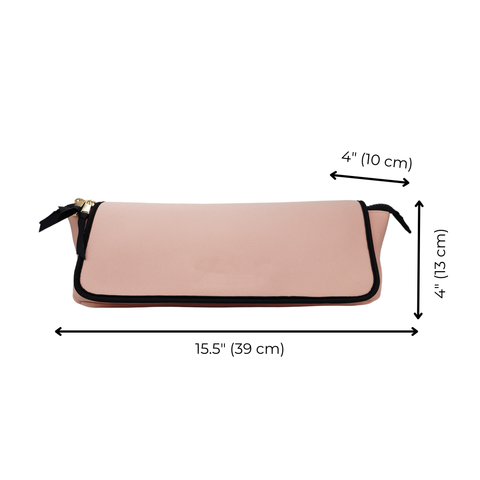 Pink blush hair tools travel case with black trim and zipper, measuring 15.5 by 4 by 4 inches, slim design.