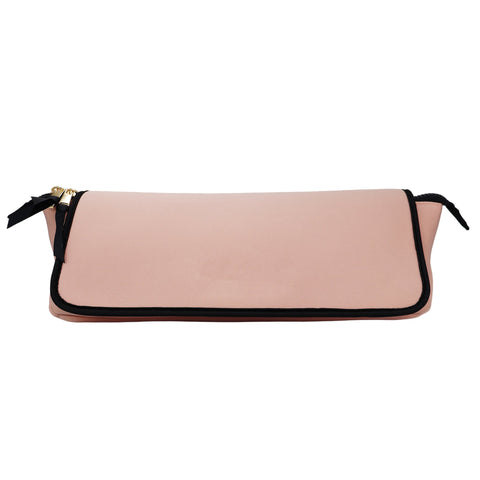 Pink blush travel case for hair tools with black trim and gold zipper, slim and sleek design for easy packing