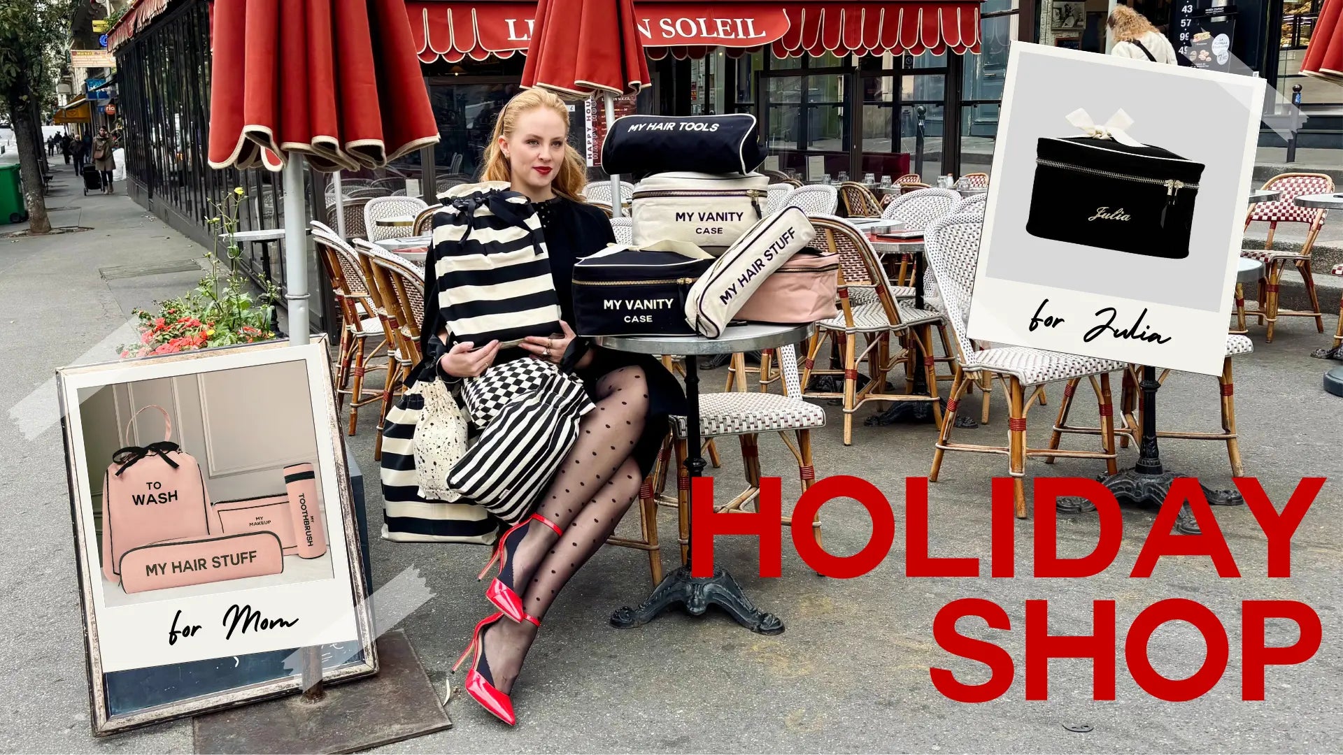 Woman in striped dress and polka dot tights sitting at outdoor café table with bags and red heels on city street