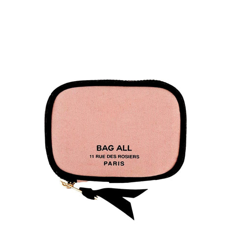 Bag-all Small Wallet Pink/Blush with Black Piping - Compact cotton canvas wallet featuring gold zipper and black trim, perfect for cards and essentials. Paris collection.
