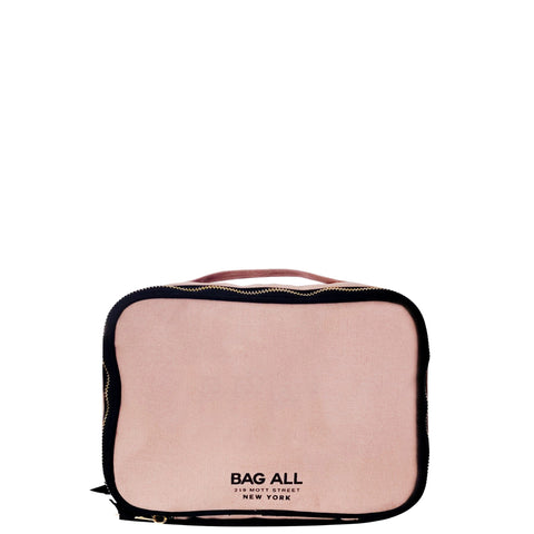 Bag-all Double Sided Toiletry Case in Pink/Blush with black piping, dual zippers, and carrying handle. Cotton organizing case with laminated interior and elastic bands for travel essentials.