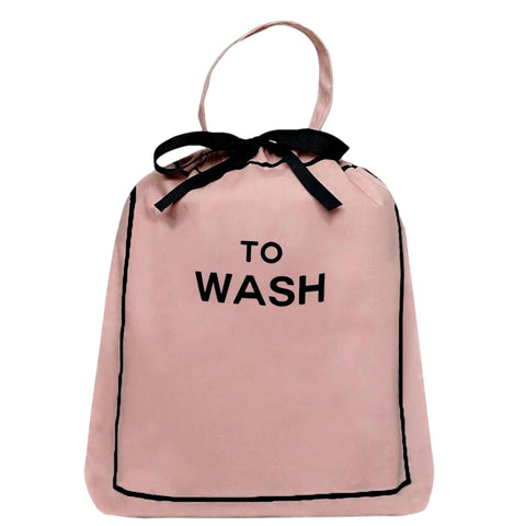 Bag-all To Wash Laundry Bag in pink cotton with black drawstring closure and hanging handle, featuring bold 'TO WASH' text perfect for closet organization