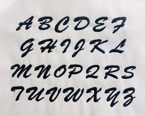 Bag-all monogram font alphabet displayed in cursive style for personalized bag customization. Letters A to Z shown in elegant black script for custom monogramming options.