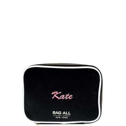 Bag-all Double Sided Toiletry Case in Black with pink personalized name, featuring waterproof interior, dual metal zippers, and convenient carry handle