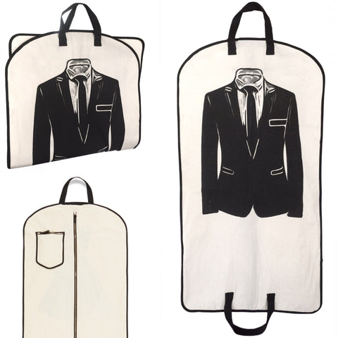 Cream-colored men's travel garment bag with black suit print and sturdy black handles for easy carrying and storage