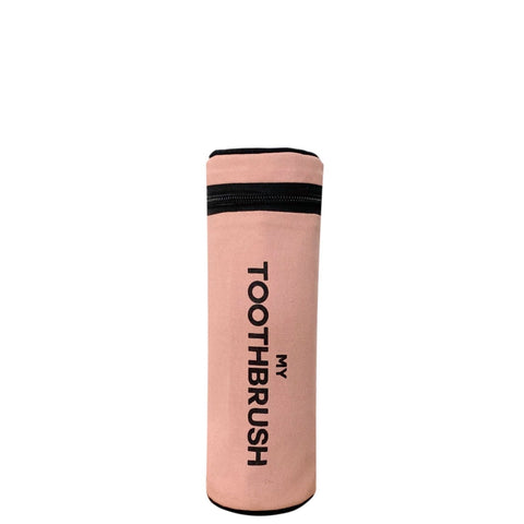 Bag-all Ultimate Gift Set - Pink cotton toothbrush case with black zipper and text, part of 4-piece travel and home organization collection in blush pink