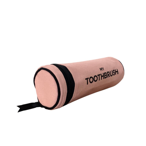 Bag-all Pink Toothbrush Travel Case with black zipper detail, cylindrical design fits multiple toothbrushes, stylish bathroom organization solution