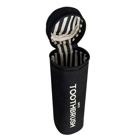 Bag-all Black Toothbrush Travel Case featuring striped interior lining, metal zipper closure, and cylindrical design perfect for storing multiple toothbrushes and dental essentials