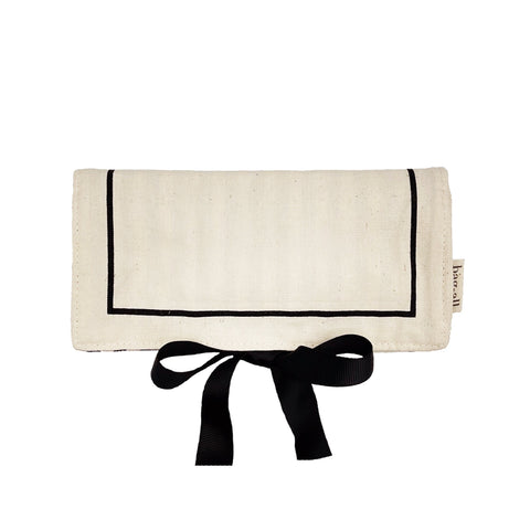 Bag-all Essential Gift Set Deal 3-Pack Cream featuring natural cotton jewelry roll pouch with black ribbon tie closure and elegant border trim, perfect for organizing accessories and travel