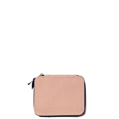 Bag-all Essential Gift Set Deal 3-Pack Pink/Blush featuring Round Skincare Case, Large Pill Case, and Jewelry Roll Pouch in natural cotton, perfect for travel organization