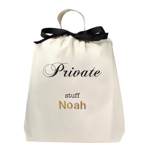 Bag-all Private Stuff personalized cotton organizing bag with black ribbon and monogram customization option, displayed in white with elegant script text