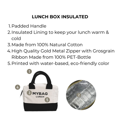 Bag-all Lunch Box Insulated in cream with black accents, featuring natural cotton exterior, premium insulated lining, padded handle, and eco-friendly metal zipper, perfect for keeping food at ideal temperature.