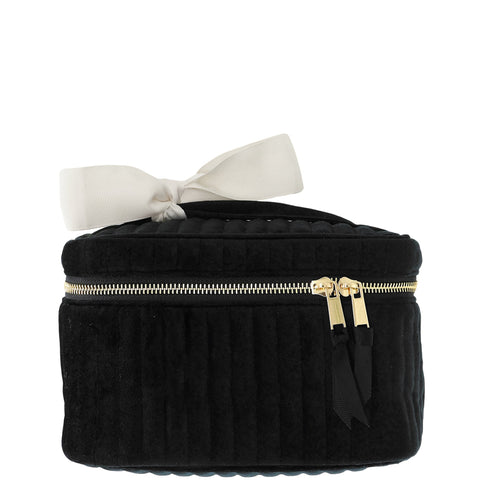 Black quilted velvet makeup cosmetic box with gold zipper and white bow handle for stylish storage and organization