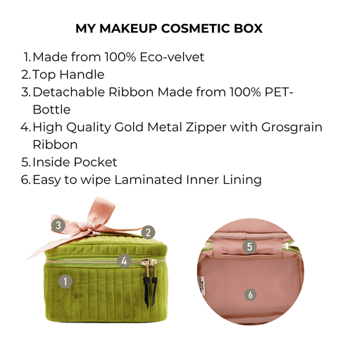 Bag-all My Makeup Cosmetic Box in luxurious green velvet with gold zipper, detachable ribbon, top handle and waterproof interior lining for organized beauty storage