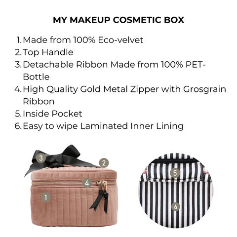 Pink quilted velvet makeup cosmetic box with gold zipper, top handle, detachable ribbon, and striped inner lining pocket.