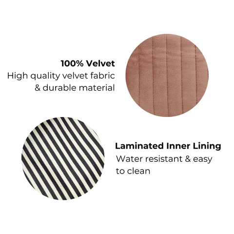 Close-up of pink quilted velvet fabric and black-and-white striped laminated inner lining for cosmetic box durability and easy cleaning.