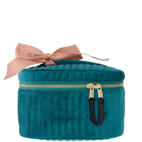 Quilted teal velvet square makeup cosmetic box with gold zipper and pink ribbon bow on top