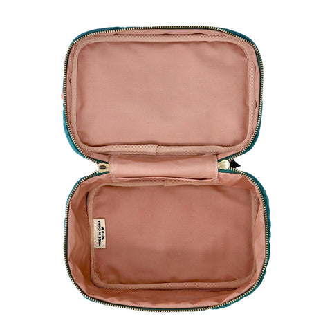 Open personalized My Makeup Cosmetic Box with quilted teal velvet exterior and soft pink interior lining