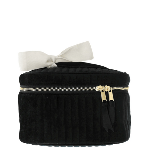 Black quilted velvet makeup cosmetic box with gold zipper and white bow handle detail