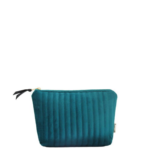 Quilted teal velvet makeup pouch with coated lining and zipper, compact design for travel and daily use.