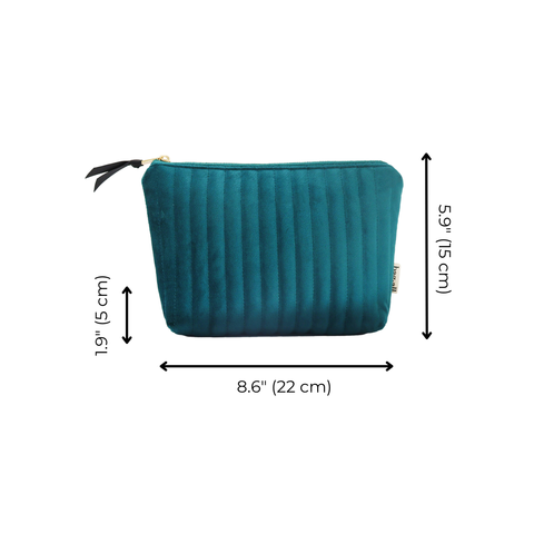 Quilted teal velvet makeup pouch with gold zipper and compact dimensions for travel and daily use.