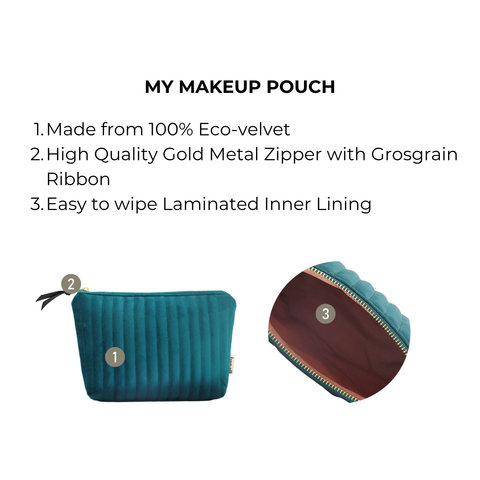 Teal quilted velvet makeup pouch with gold zipper and easy-to-clean laminated inner lining, compact and eco-friendly design.
