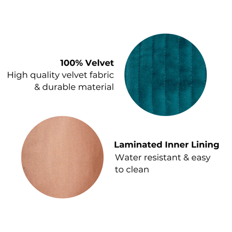 Close-up of teal quilted velvet fabric and laminated inner lining of a personalized makeup pouch, water-resistant and durable design.